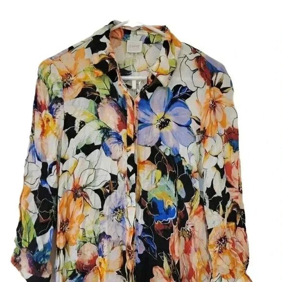Cupio Women's Black, White & Bright Multicolor Viscose Floral Button Down Shirt - Picture 2 of 12